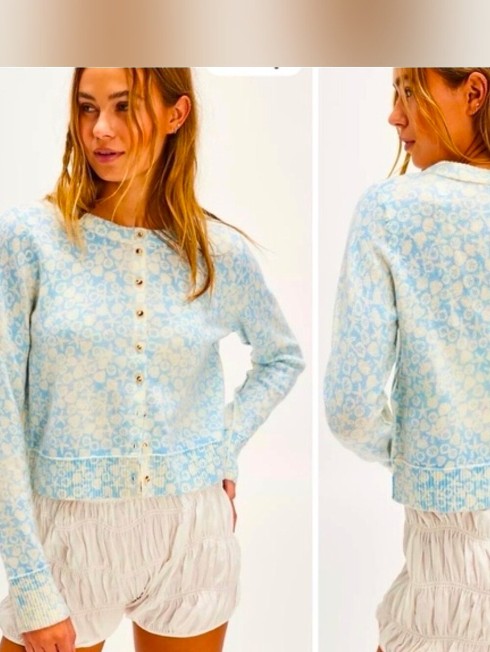 NWT Free People Nocturnal Patterned Cashmere Cardigan Sea Shell Blue Combo - L
